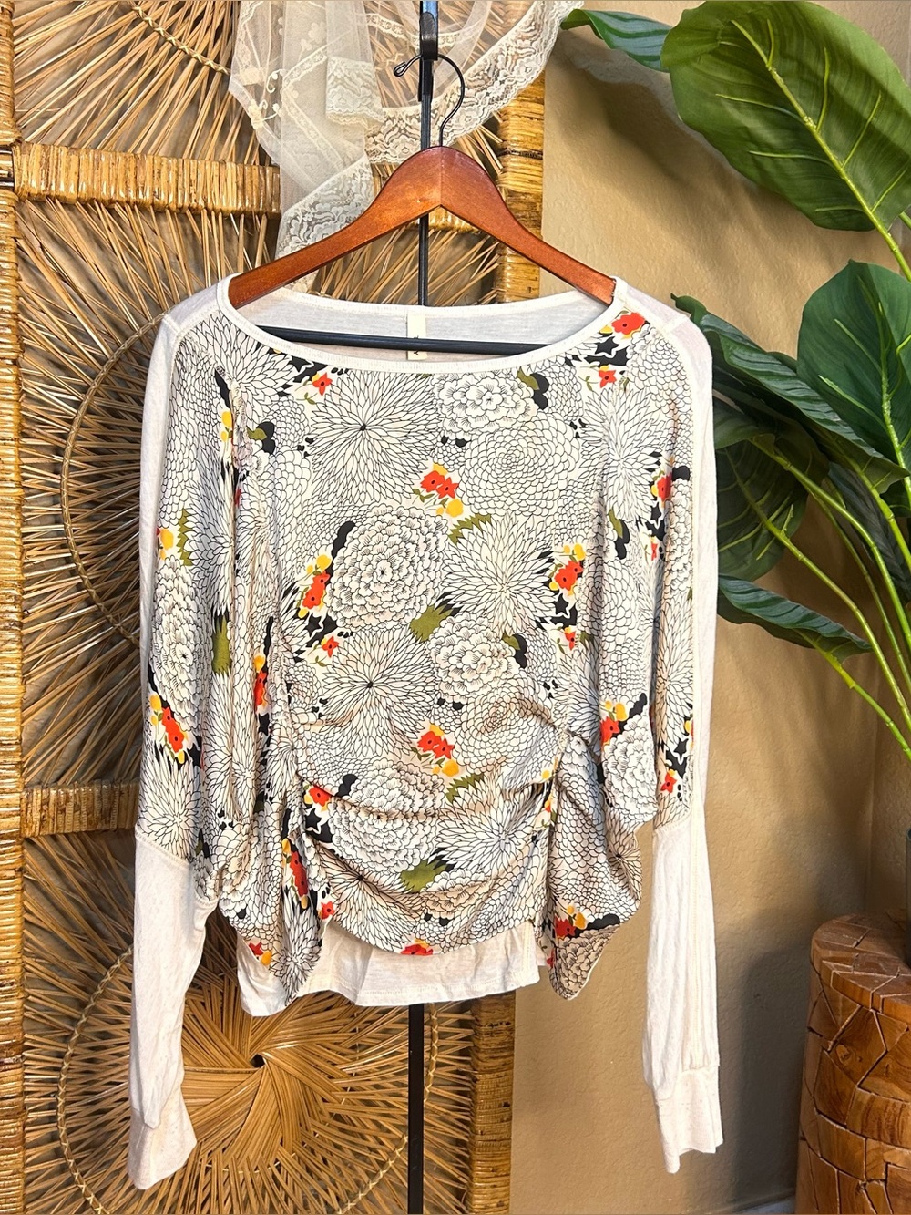 Tiny Anthropologie ruched blouse Asian inspired boxy small long sleeved